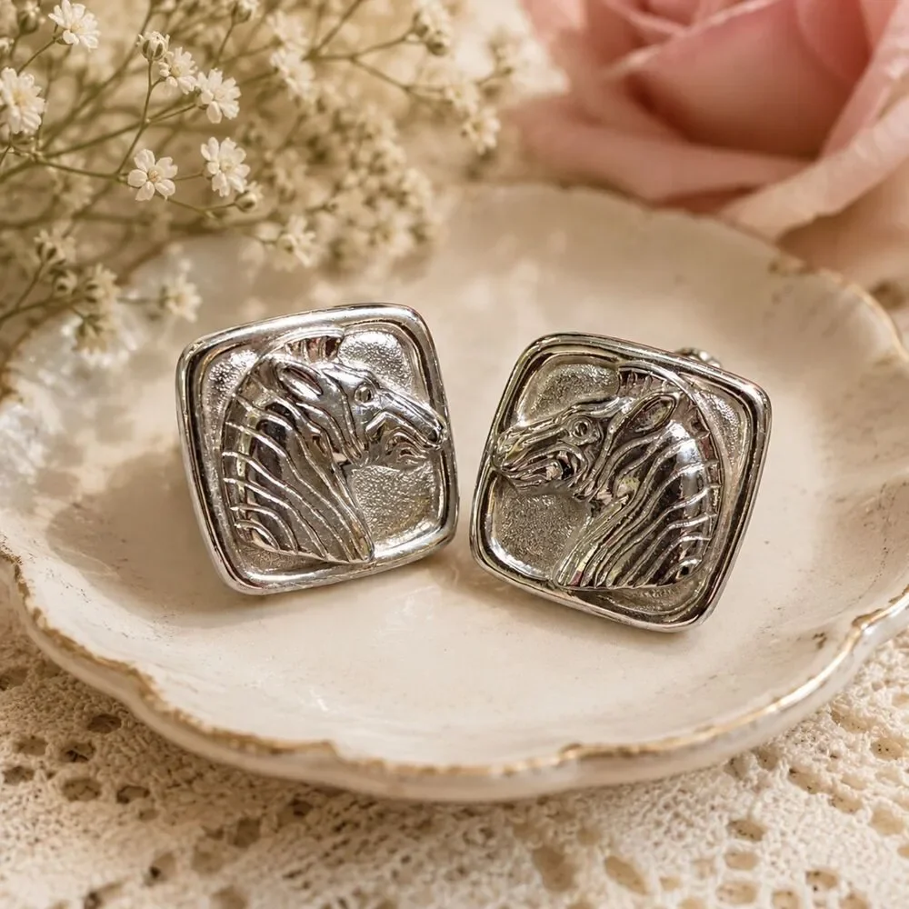 Vintage Silver Tone Horse Head Clip On Earrings, Equestrian Western Jewelry